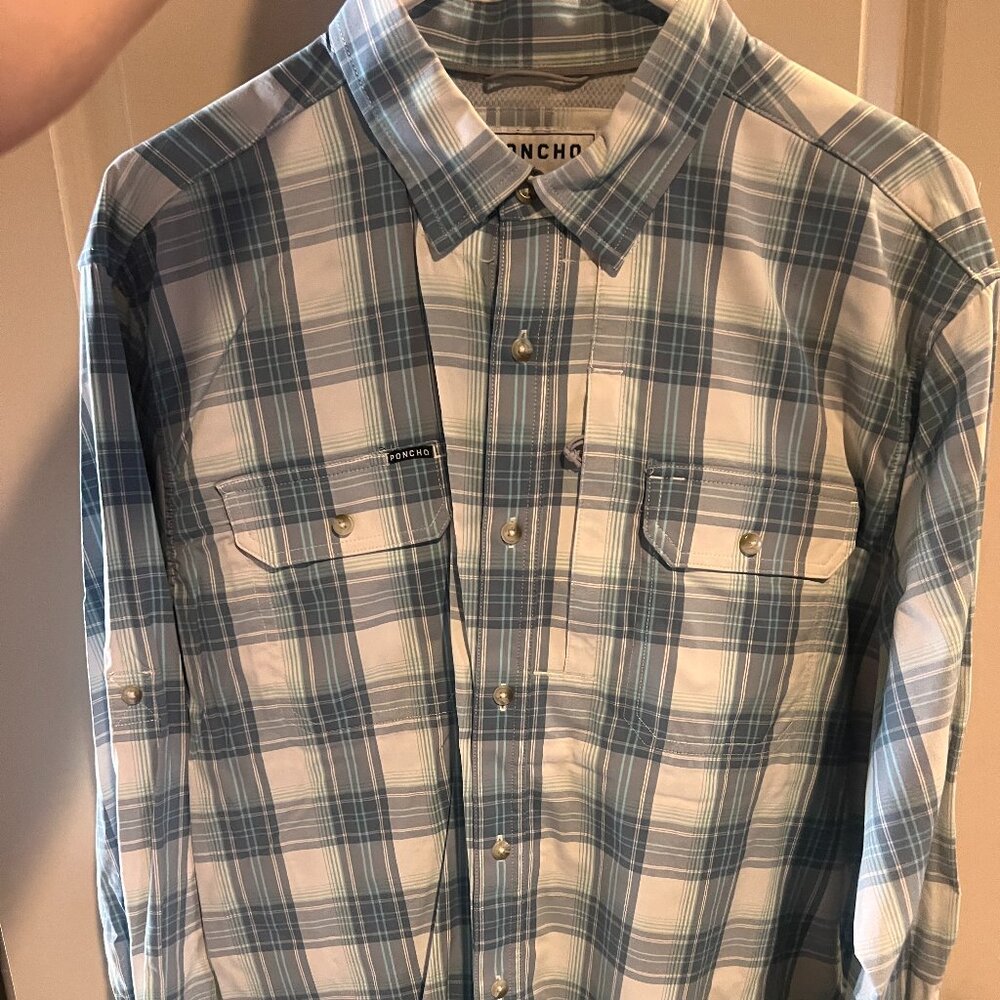 Poncho Long Sleeve Button Up - Blue Plaid